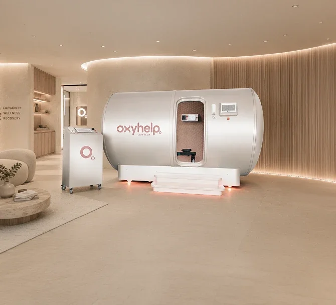 OxyHelp chamber in a warm-lit spa reception