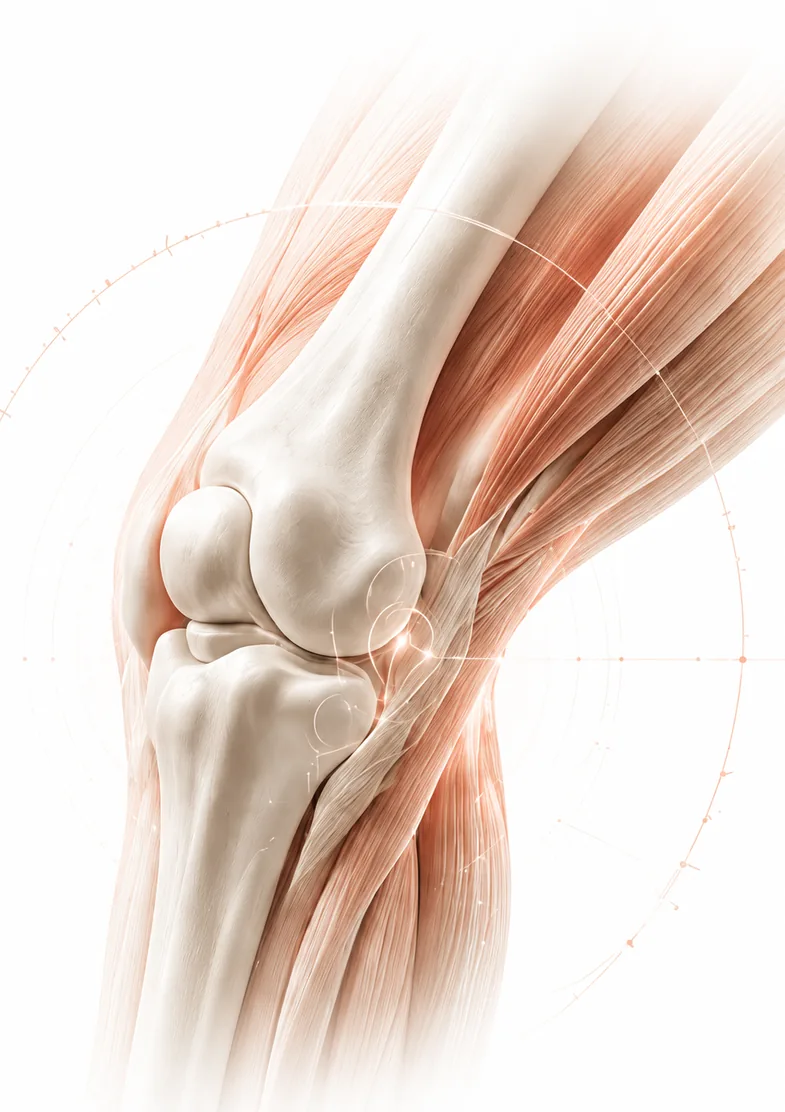 Anatomical view of a knee joint and the surrounding muscle