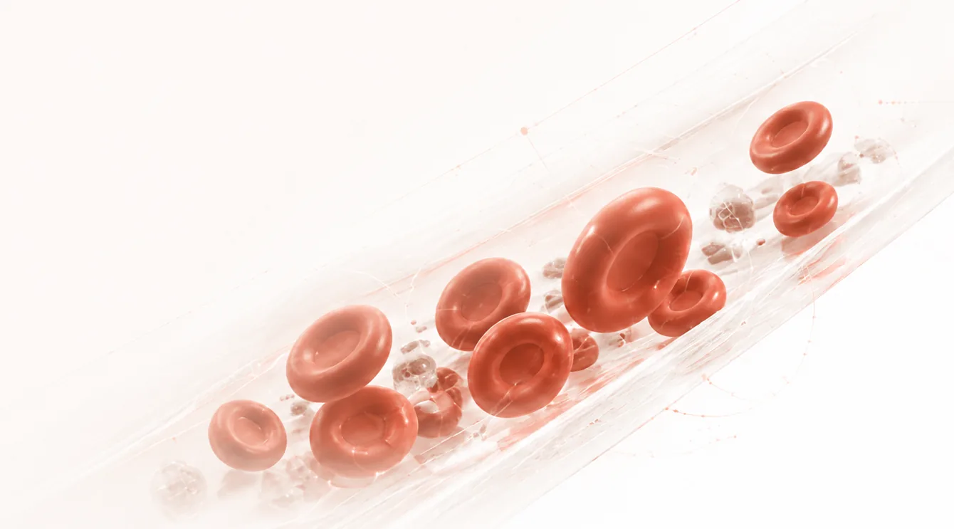 Red blood cells flowing through a small vessel