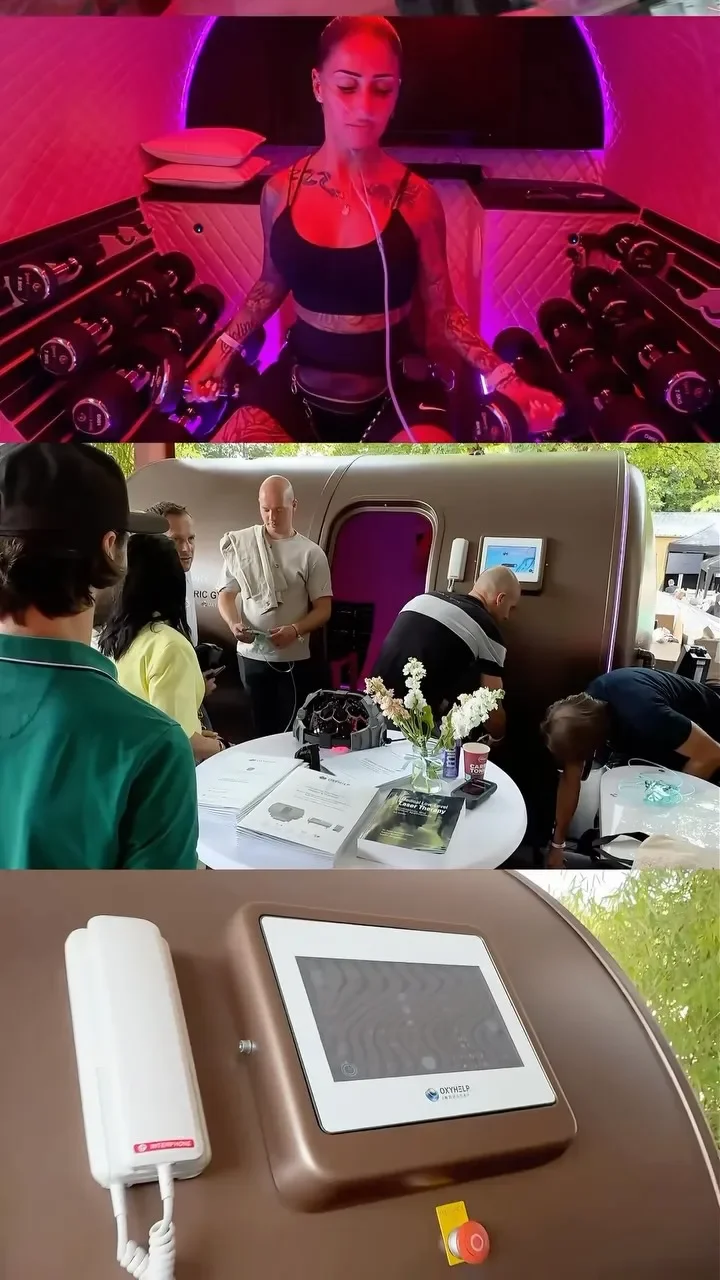 Collage: a woman training inside a hyperbaric chamber, visitors at a trade show stand and a chamber control panel