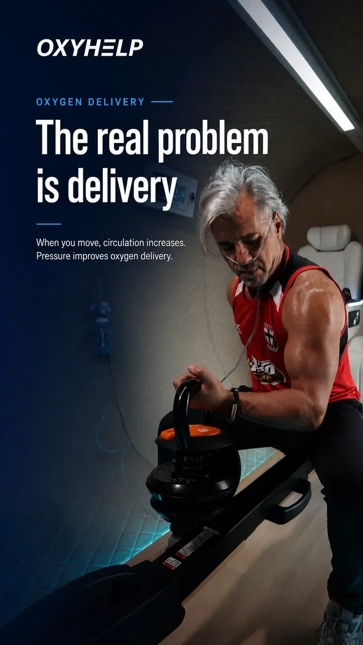 Man lifting a kettlebell inside a hyperbaric chamber, under the title The real problem is delivery